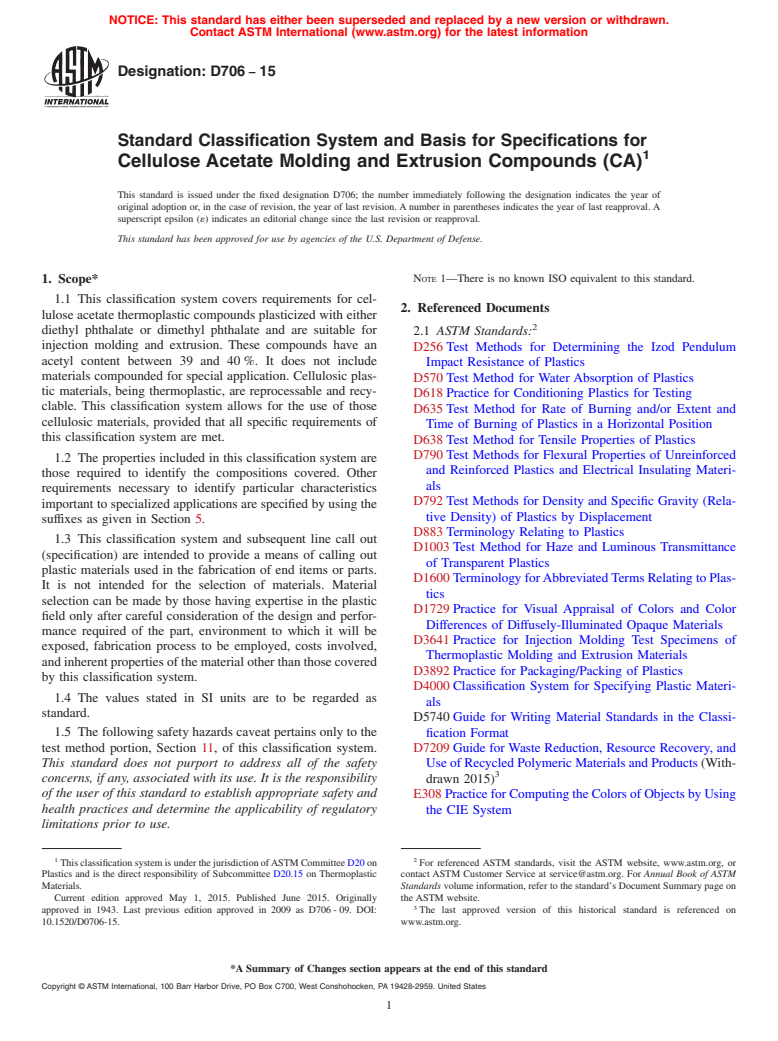 ASTM D706-15 - Standard Classification System and Basis for Specifications for Cellulose Acetate Molding and Extrusion Compounds (CA)