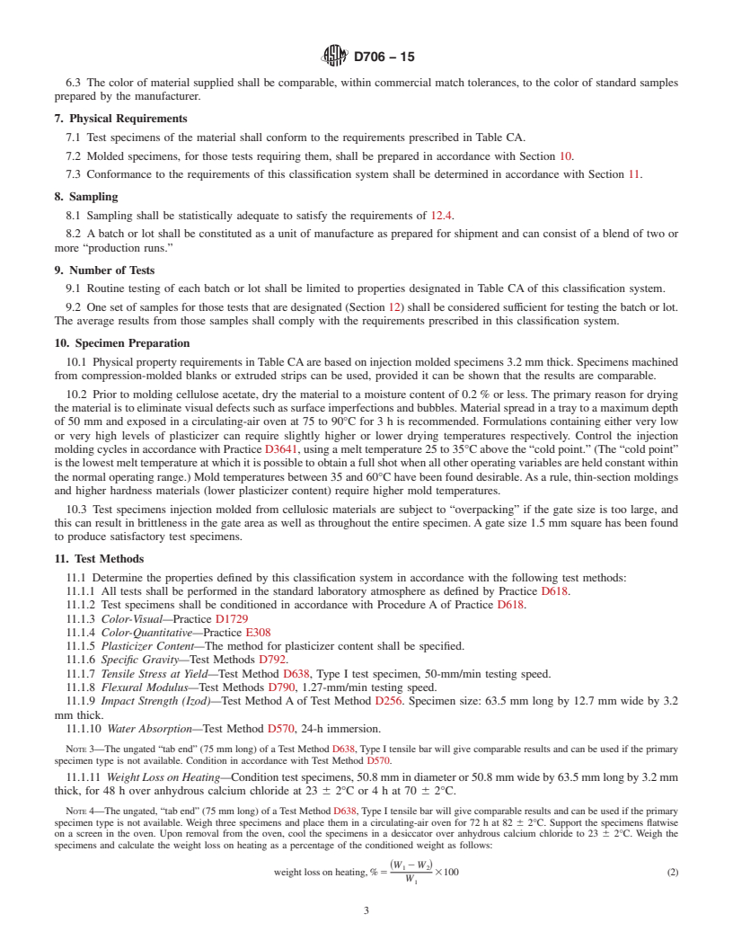 REDLINE ASTM D706-15 - Standard Classification System and Basis for Specifications for Cellulose Acetate Molding and Extrusion Compounds (CA)