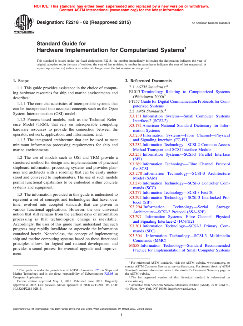 ASTM F2218-02(2015) - Standard Guide for  Hardware Implementation for Computerized Systems