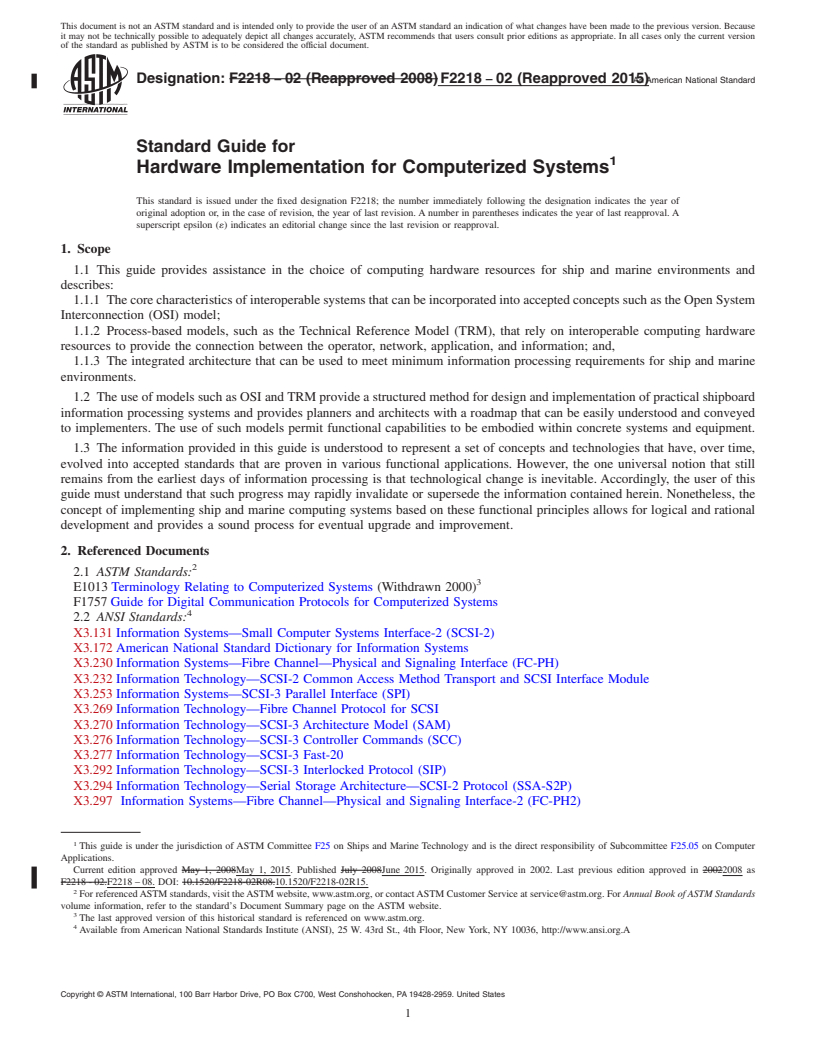 REDLINE ASTM F2218-02(2015) - Standard Guide for  Hardware Implementation for Computerized Systems