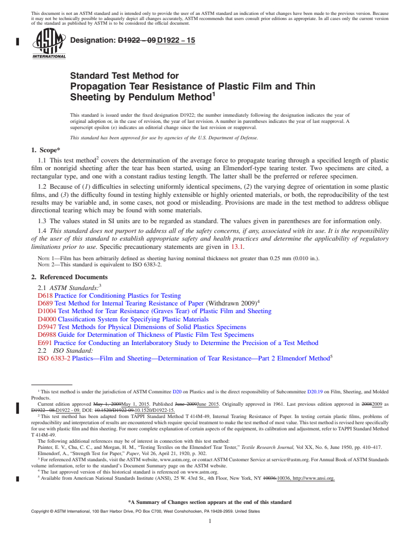 REDLINE ASTM D1922-15 - Standard Test Method for  Propagation Tear Resistance of Plastic Film and Thin Sheeting  by Pendulum Method