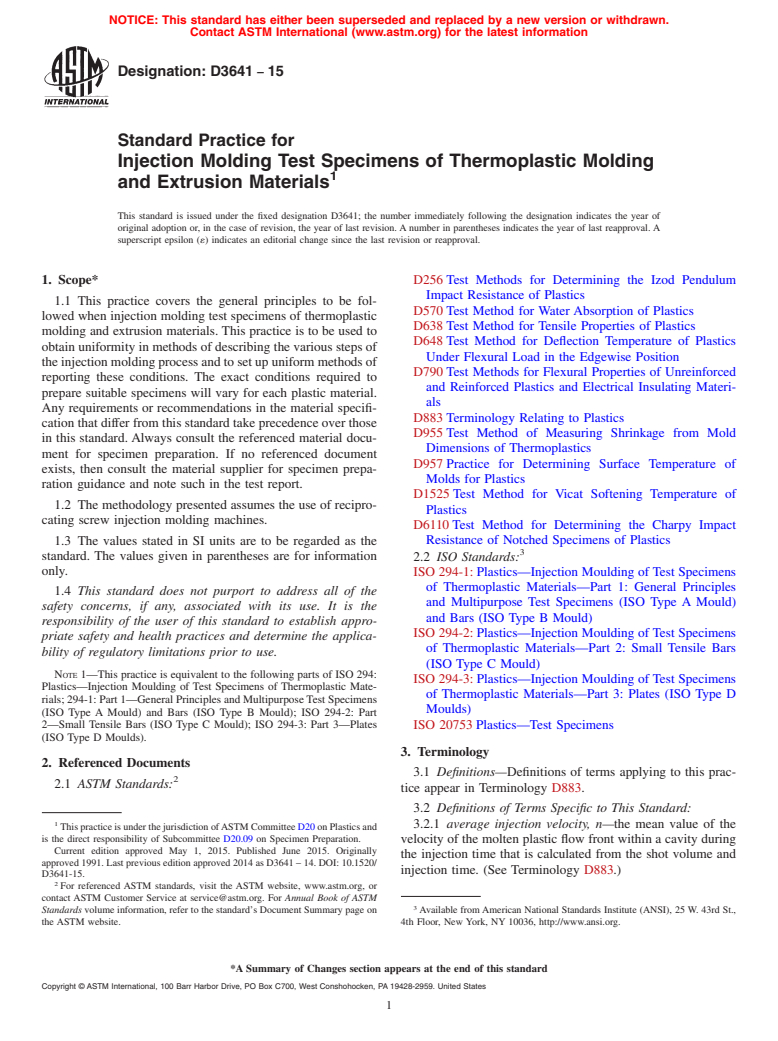 ASTM D3641-15 - Standard Practice for Injection Molding Test Specimens of Thermoplastic Molding and  Extrusion Materials