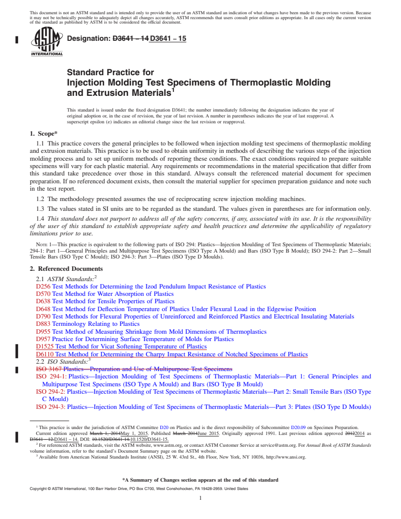 REDLINE ASTM D3641-15 - Standard Practice for Injection Molding Test Specimens of Thermoplastic Molding and  Extrusion Materials