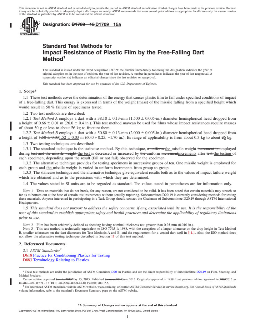 REDLINE ASTM D1709-15a - Standard Test Methods for Impact Resistance of Plastic Film by the Free-Falling Dart  Method