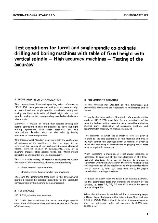 ISO 3686:1976 - Test conditions for turret and single spindle co-ordinate drilling and boring machines with table of fixed height with vertical spindle -- High accuracy machines -- Testing of the accuracy