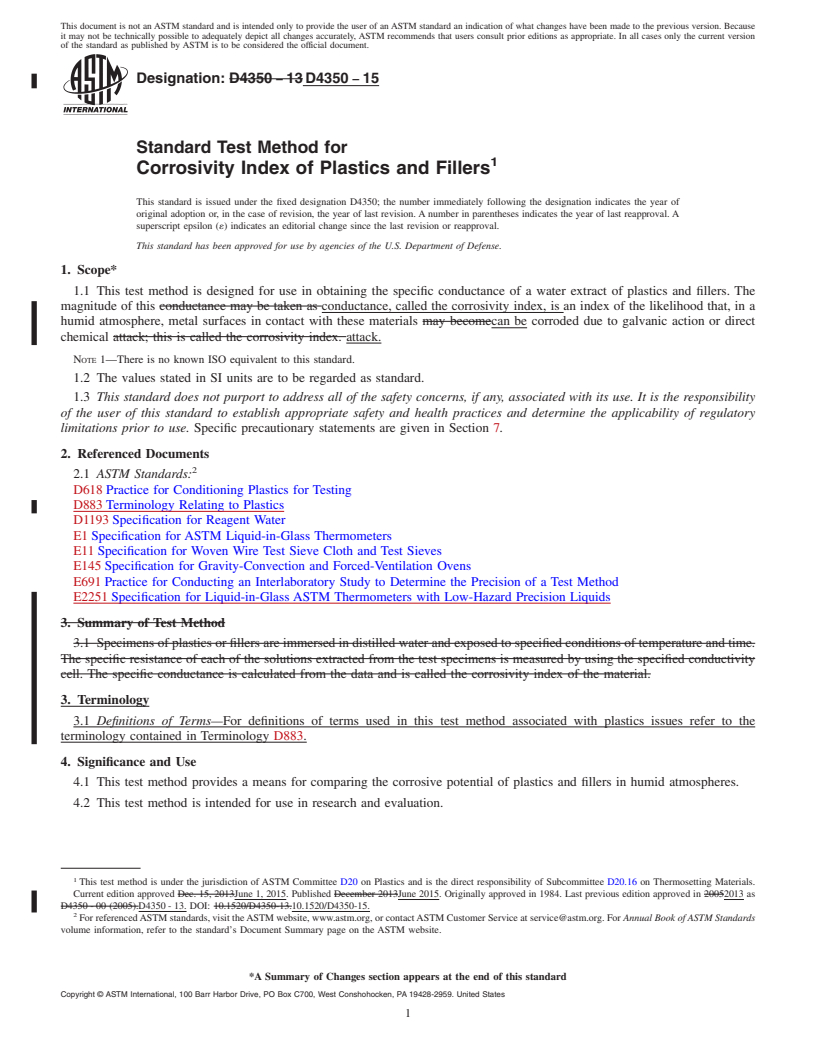 REDLINE ASTM D4350-15 - Standard Test Method for  Corrosivity Index of Plastics and Fillers