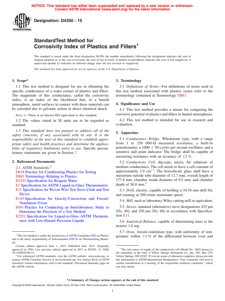 ASTM D4350-15 - Standard Test Method for  Corrosivity Index of Plastics and Fillers