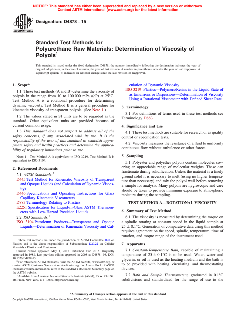 ASTM D4878-15 - Standard Test Methods for Polyurethane Raw Materials: Determination of Viscosity of Polyols