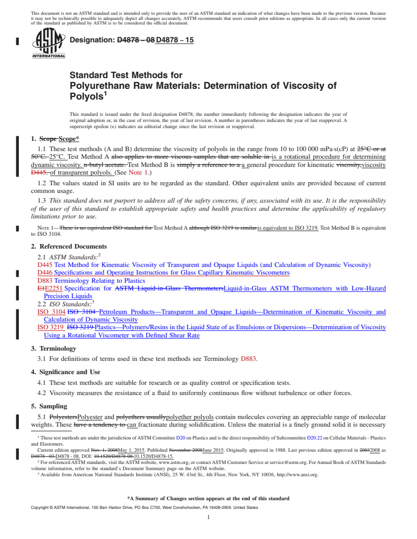 REDLINE ASTM D4878-15 - Standard Test Methods for Polyurethane Raw Materials: Determination of Viscosity of Polyols