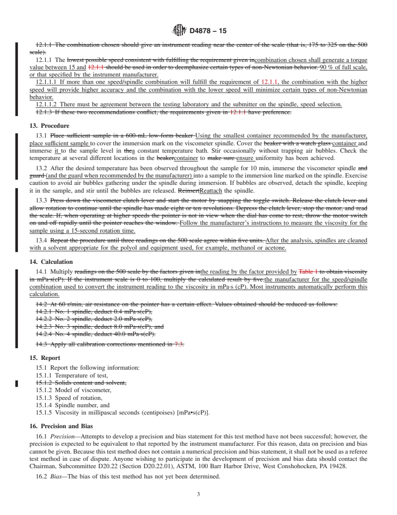 REDLINE ASTM D4878-15 - Standard Test Methods for Polyurethane Raw Materials: Determination of Viscosity of Polyols