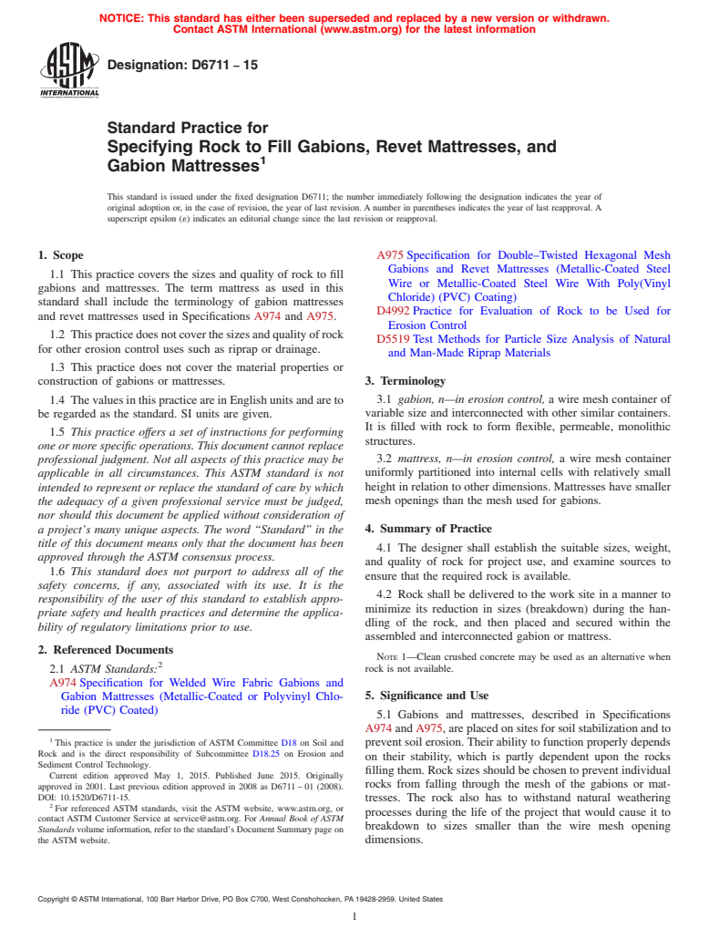 ASTM D6711-15 - Standard Practice For Specifying Rock To Fill Gabions ...