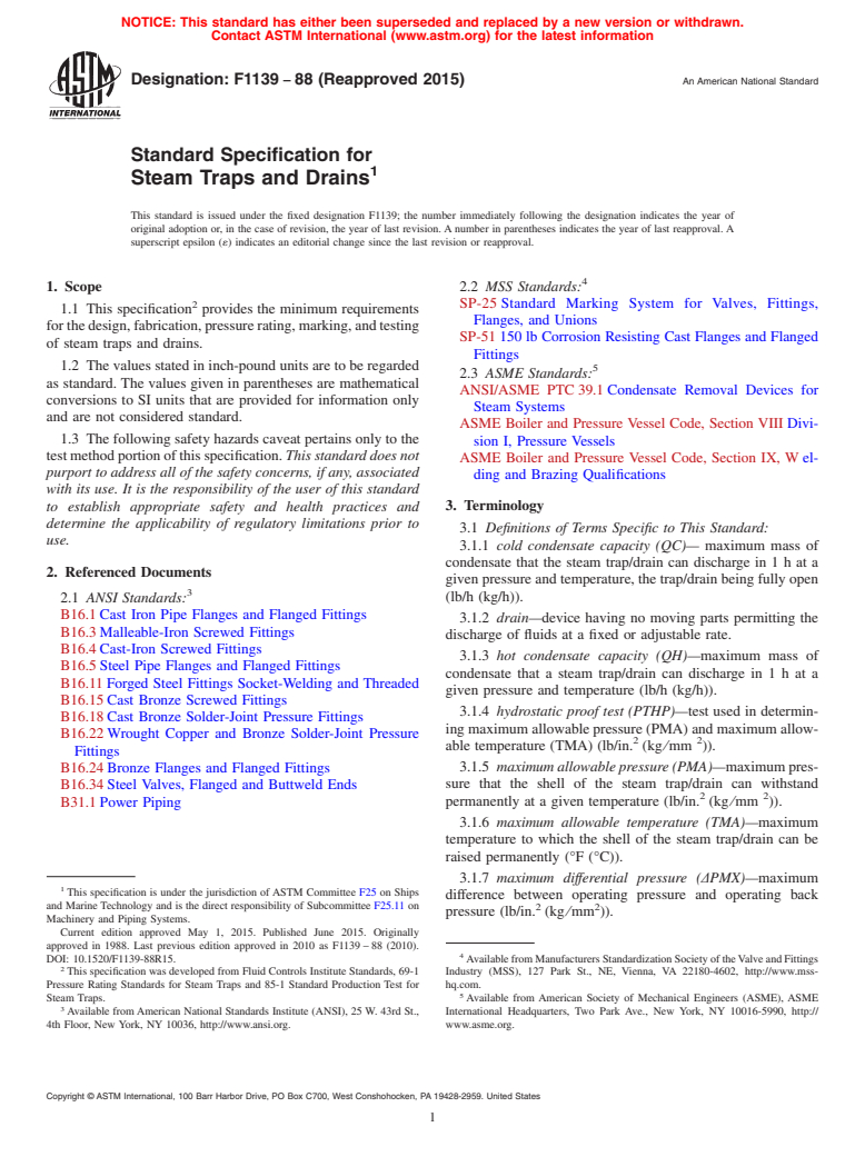 ASTM F1139-88(2015) - Standard Specification for  Steam Traps and Drains