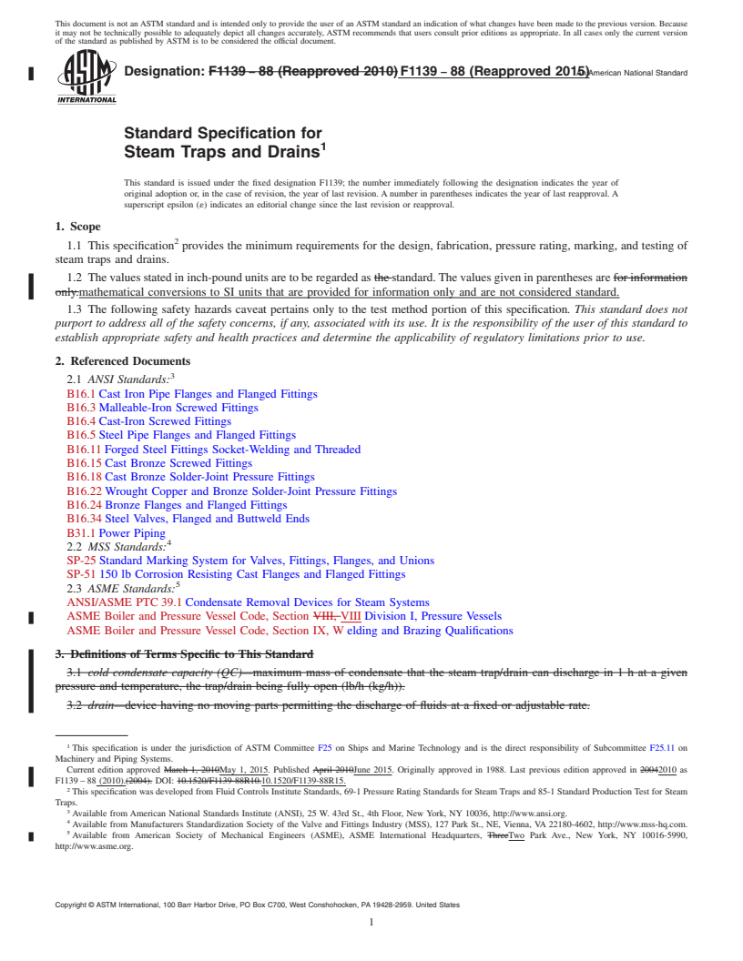 REDLINE ASTM F1139-88(2015) - Standard Specification for  Steam Traps and Drains