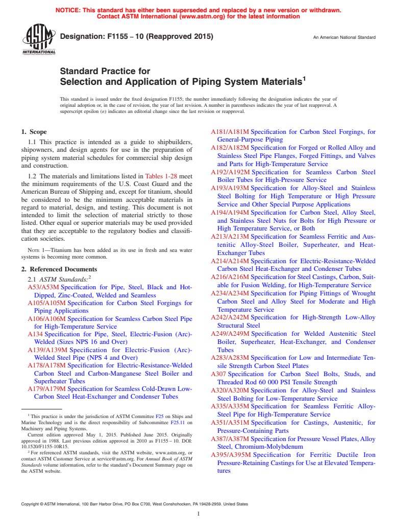 ASTM F1155-10(2015) - Standard Practice for  Selection and Application of Piping System Materials