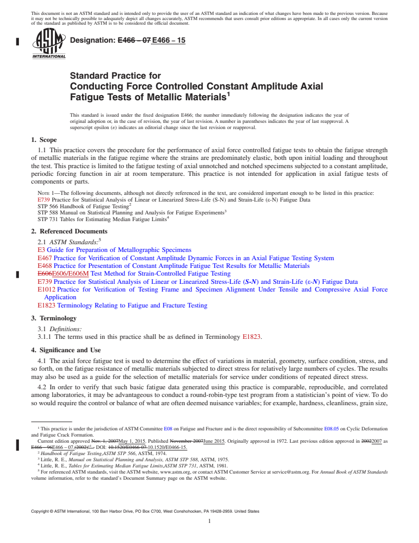 REDLINE ASTM E466-15 - Standard Practice for Conducting Force Controlled Constant Amplitude Axial Fatigue  Tests of Metallic Materials