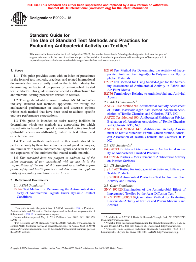 ASTM E2922-15 - Standard Guide for The Use of Standard Test Methods and Practices for Evaluating  Antibacterial Activity on Textiles