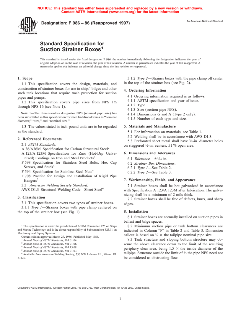 ASTM F986-86(1997) - Standard Specification for Suction Strainer Boxes