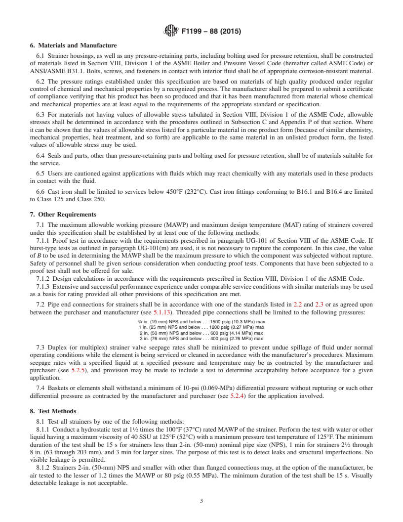 REDLINE ASTM F1199-88(2015) - Standard Specification for  Cast (All Temperatures and Pressures) and Welded Pipe Line   Strainers (150 psig and 150&deg;F Maximum)