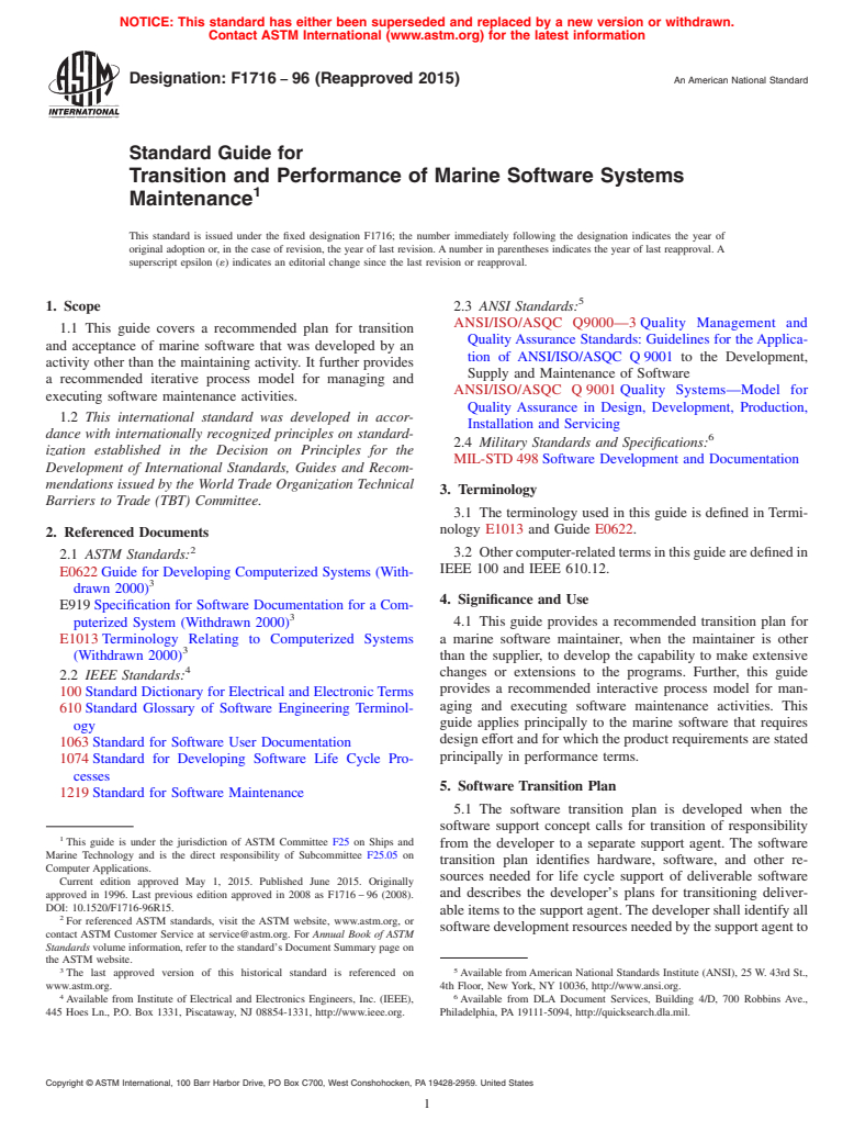 ASTM F1716-96(2015) - Standard Guide for  Transition and Performance of Marine Software Systems Maintenance