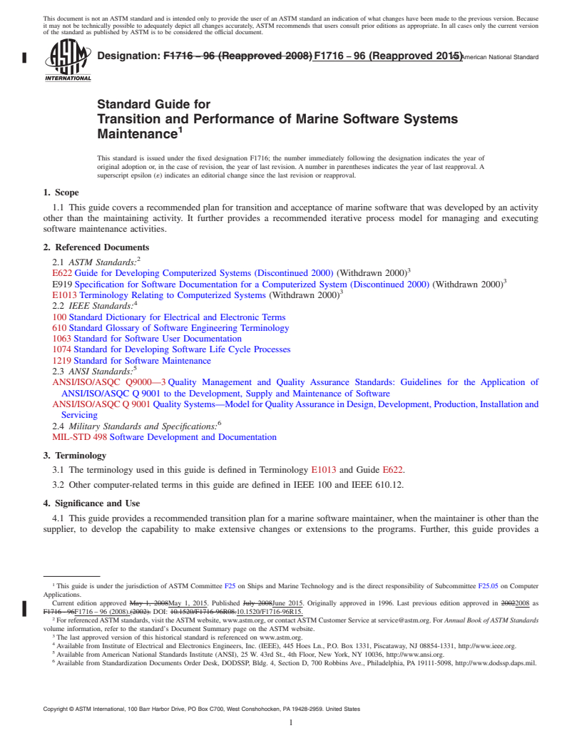 REDLINE ASTM F1716-96(2015) - Standard Guide for  Transition and Performance of Marine Software Systems Maintenance