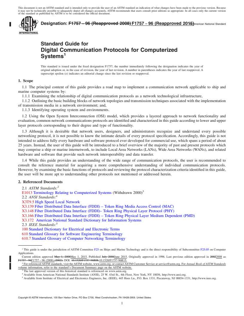 REDLINE ASTM F1757-96(2015) - Standard Guide for  Digital Communication Protocols for Computerized Systems