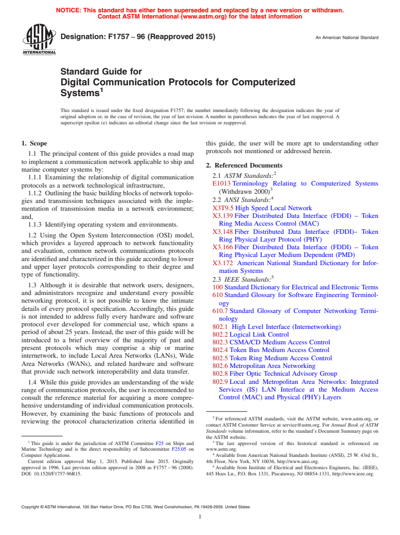 ASTM F1757-96(2015) - Standard Guide for  Digital Communication Protocols for Computerized Systems