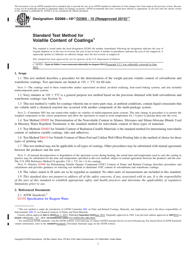 REDLINE ASTM D2369-10(2015)e1 - Standard Test Method for Volatile Content of Coatings