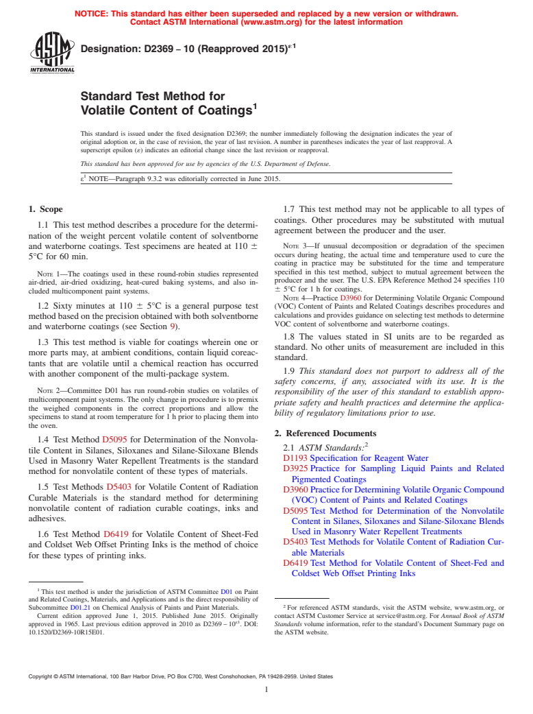 ASTM D2369-10(2015)e1 - Standard Test Method for Volatile Content of Coatings