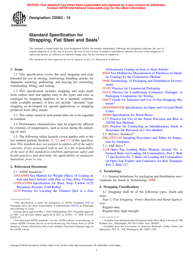 ASTM D3953-15 - Standard Specification for  Strapping, Flat Steel and Seals