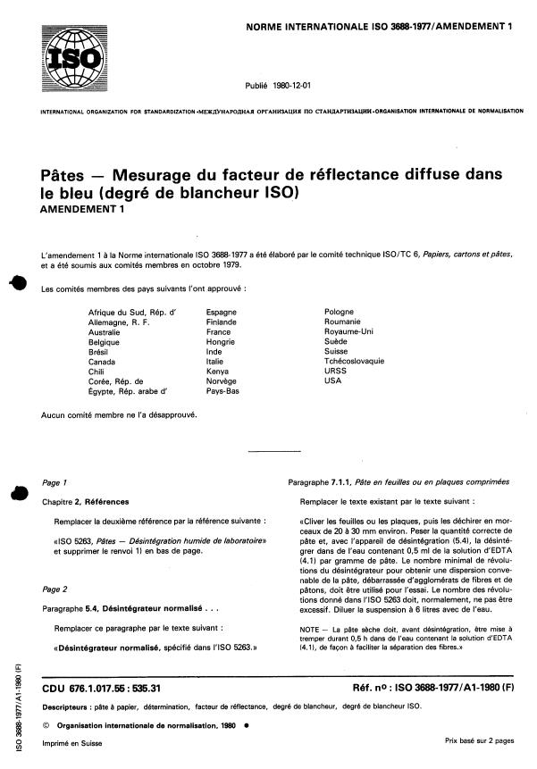 ISO 3688:1977 - Pâtes -- Mesurage du facteur de réflectance diffuse dans le bleu (degré de blancheur ISO)