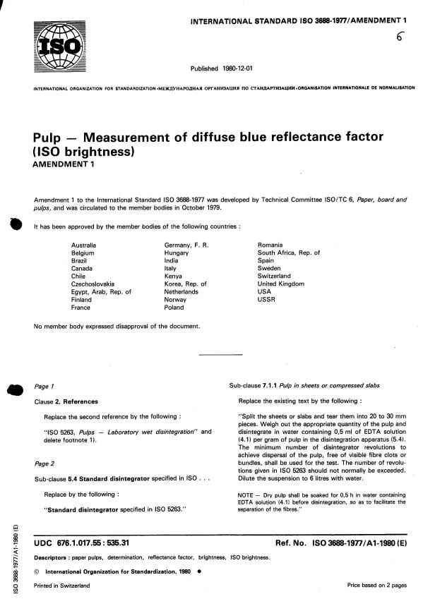 ISO 3688:1977 - Pulps -- Measurement of diffuse blue reflectance factor (ISO brightness)