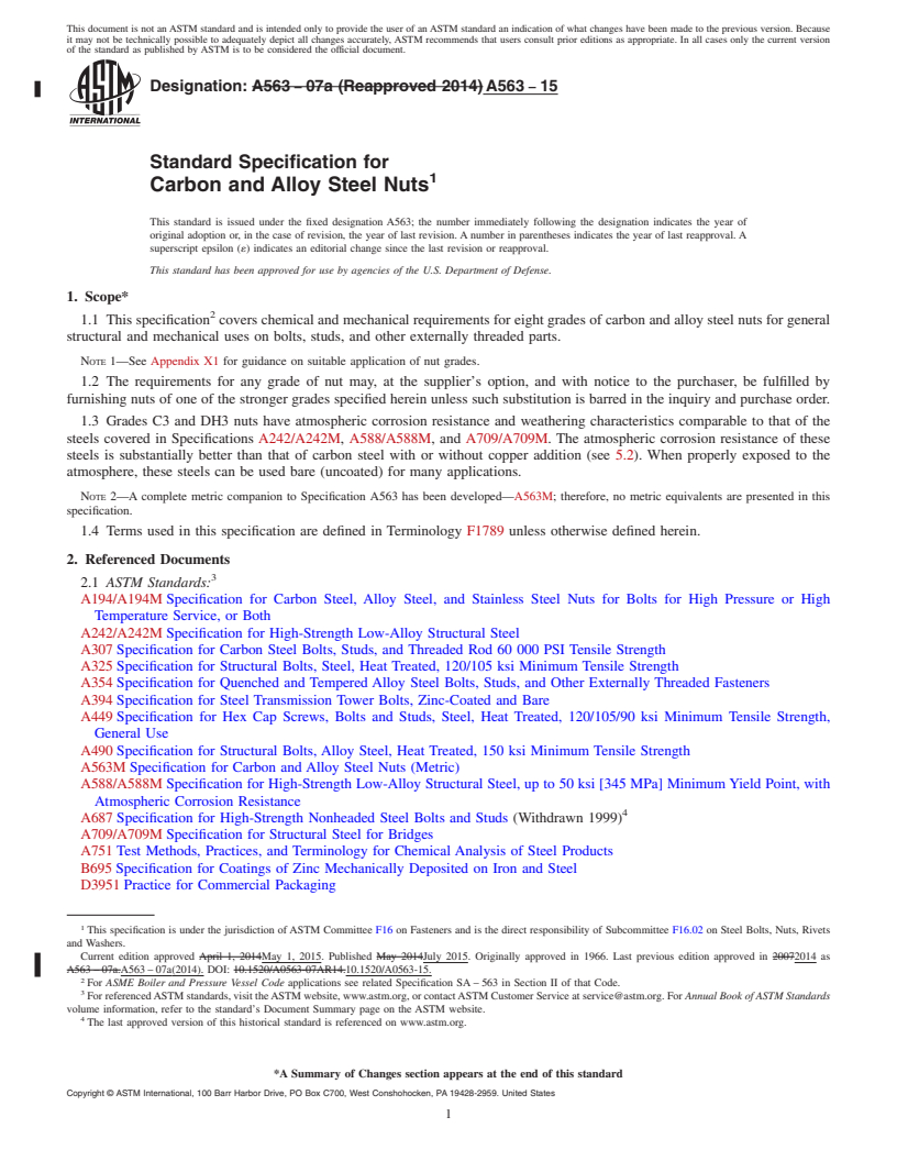 REDLINE ASTM A563-15 - Standard Specification for  Carbon and Alloy Steel Nuts