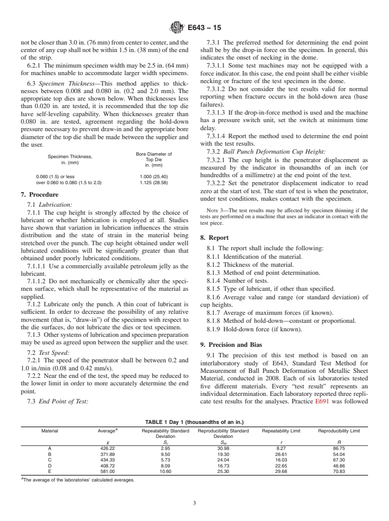 ASTM E643-15 - Standard Test Method for  Ball Punch Deformation of Metallic Sheet Material