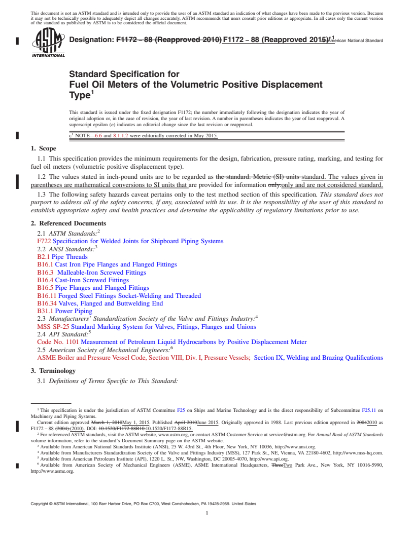 REDLINE ASTM F1172-88(2015)e1 - Standard Specification for  Fuel Oil Meters of the Volumetric Positive Displacement Type