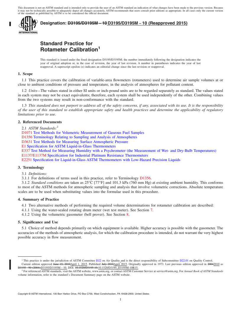 REDLINE ASTM D3195/D3195M-10(2015) - Standard Practice for  Rotameter Calibration