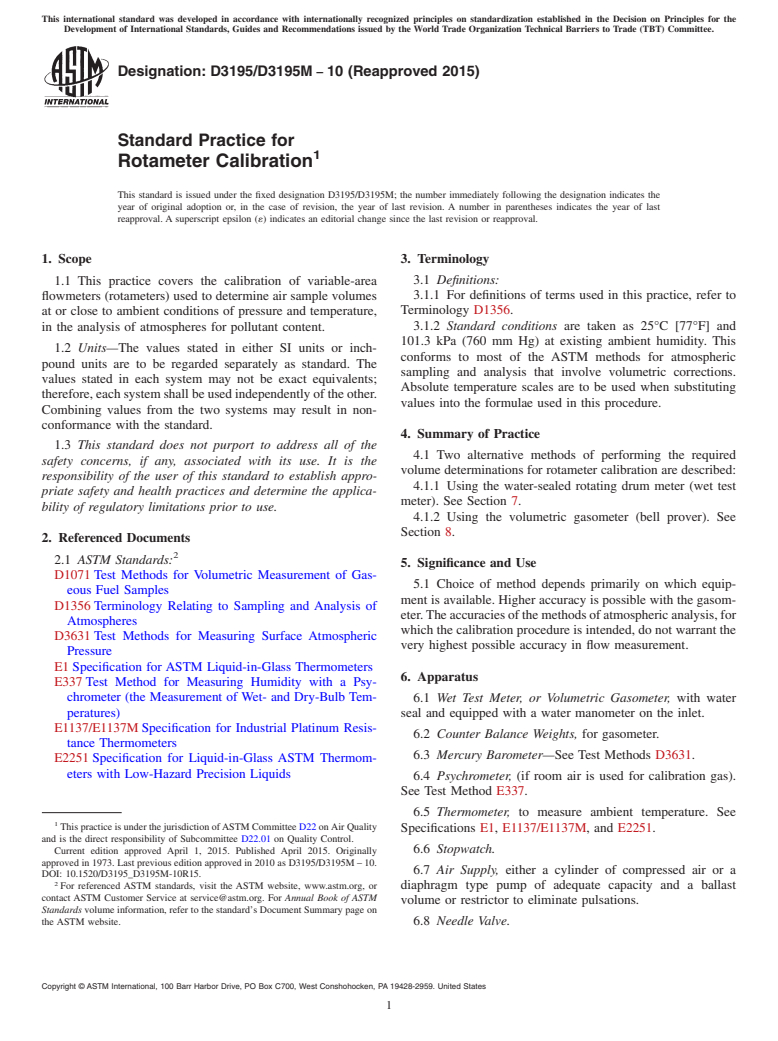 ASTM D3195/D3195M-10(2015) - Standard Practice for  Rotameter Calibration