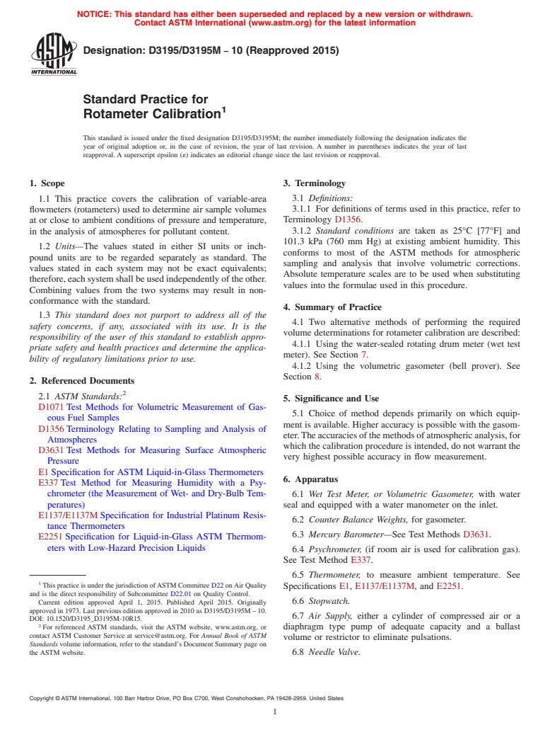 ASTM D3195/D3195M-10(2015) - Standard Practice for  Rotameter Calibration