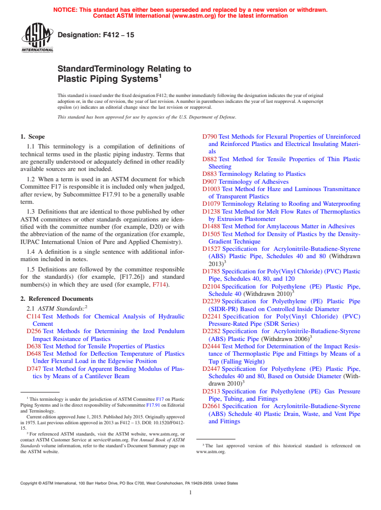 ASTM F412-15 - Standard Terminology Relating to  Plastic Piping Systems