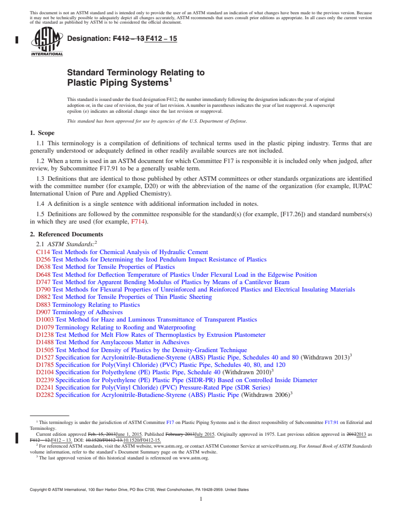 REDLINE ASTM F412-15 - Standard Terminology Relating to  Plastic Piping Systems