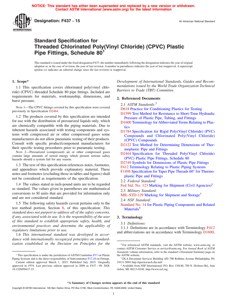 ASTM F437-15 - Standard Specification for  Threaded Chlorinated Poly(Vinyl Chloride) (CPVC) Plastic Pipe  Fittings, Schedule 80