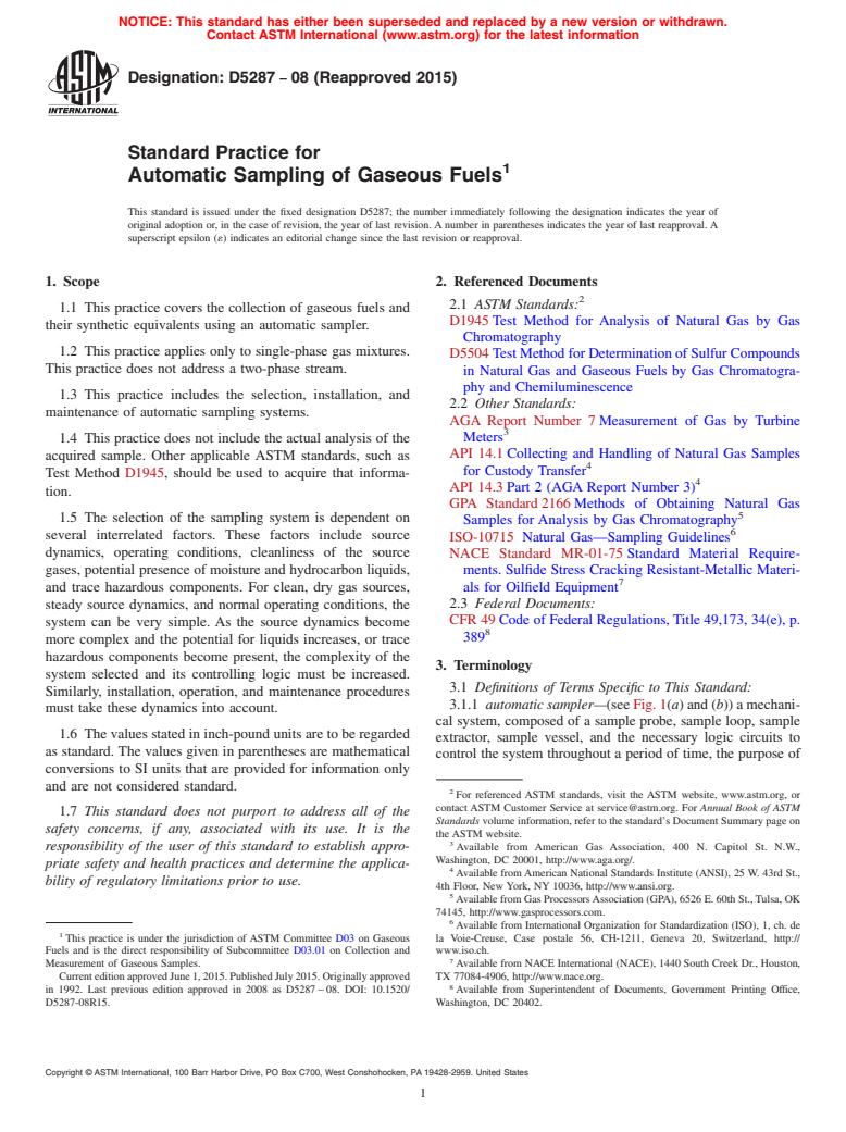 ASTM D5287-08(2015) - Standard Practice for  Automatic Sampling of Gaseous Fuels (Withdrawn 2024)