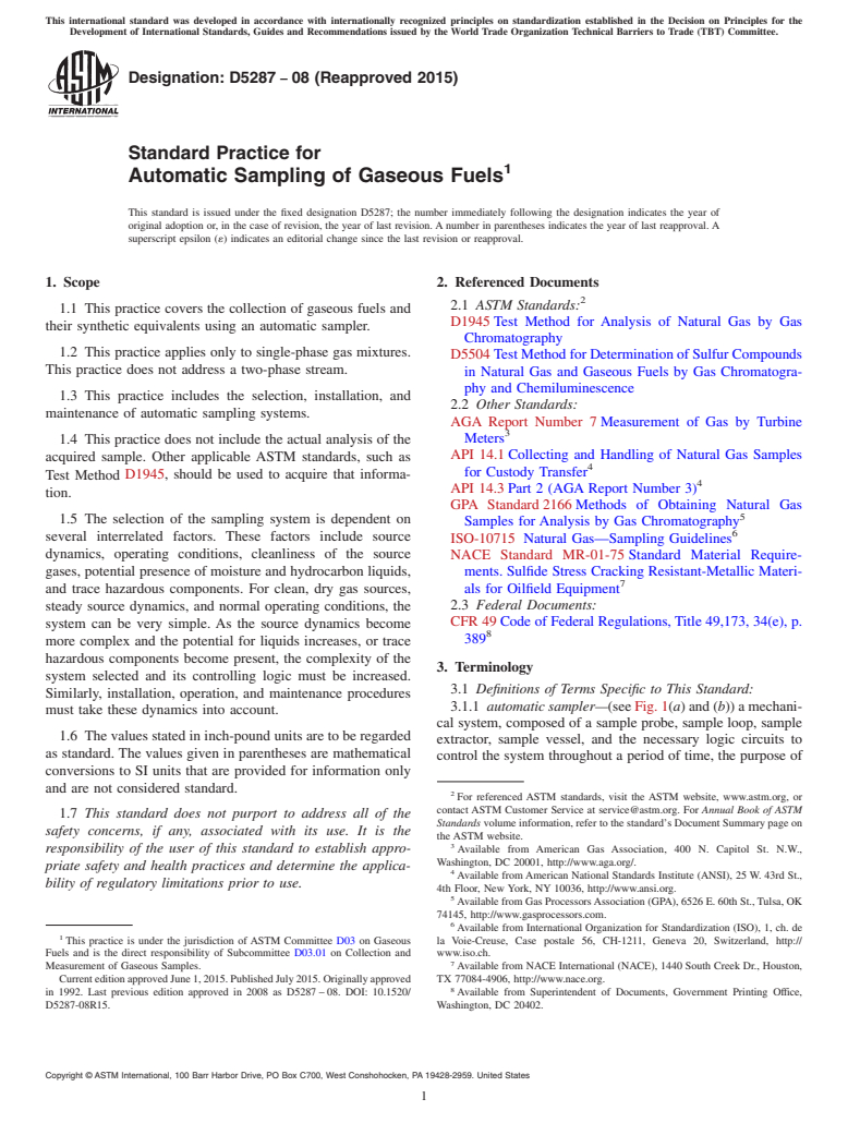 ASTM D5287-08(2015) - Standard Practice for  Automatic Sampling of Gaseous Fuels