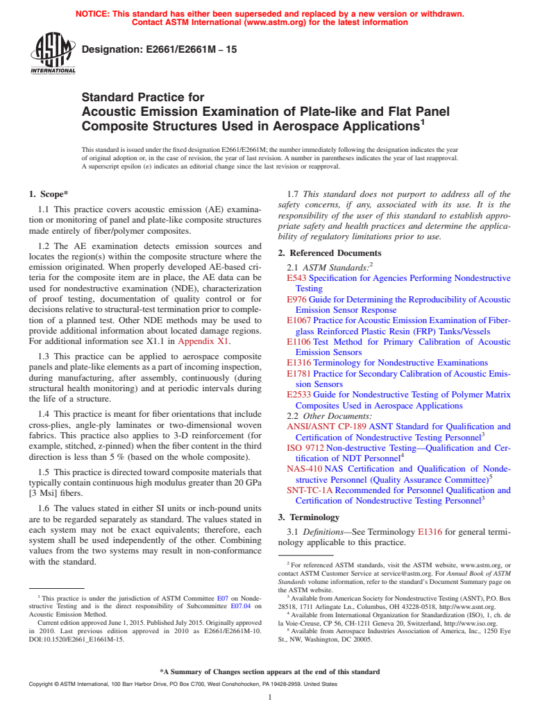 ASTM E2661/E2661M-15 - Standard Practice for  Acoustic Emission Examination of Plate-like and Flat Panel  Composite Structures Used in Aerospace Applications