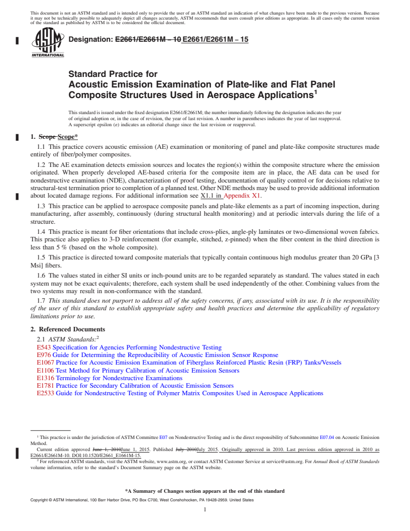 REDLINE ASTM E2661/E2661M-15 - Standard Practice for  Acoustic Emission Examination of Plate-like and Flat Panel  Composite Structures Used in Aerospace Applications