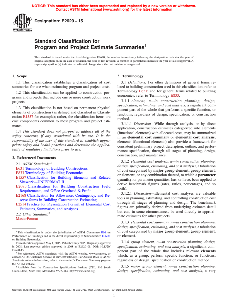 ASTM E2620-15 - Standard Classification for Program and Project Estimate Summaries