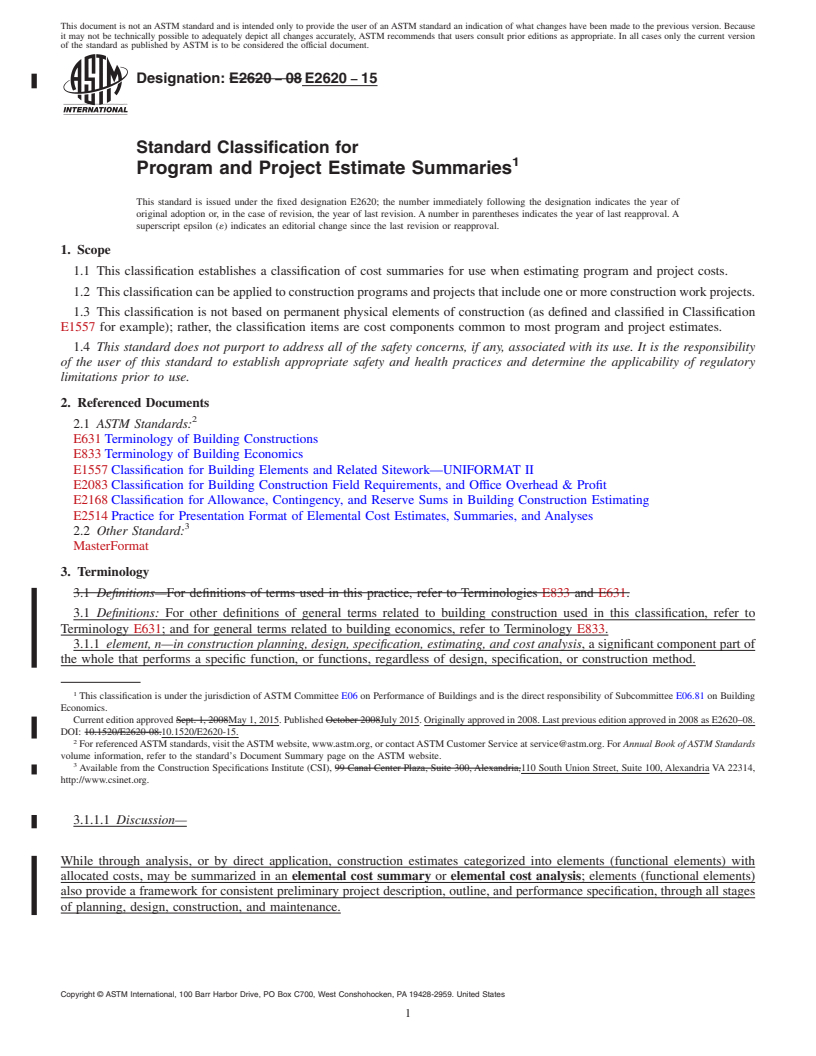 REDLINE ASTM E2620-15 - Standard Classification for Program and Project Estimate Summaries