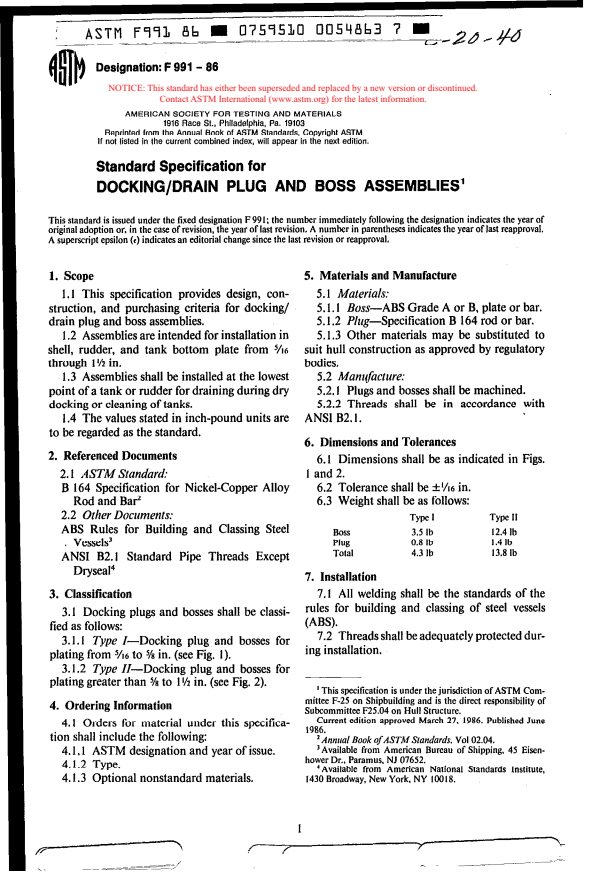 ASTM F991-86 - Specification for Docking/Drain Plug and Boss Assemblies