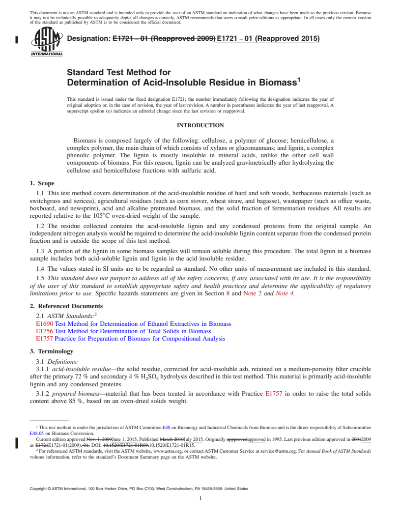 REDLINE ASTM E1721-01(2015) - Standard Test Method for  Determination of Acid-Insoluble Residue in Biomass