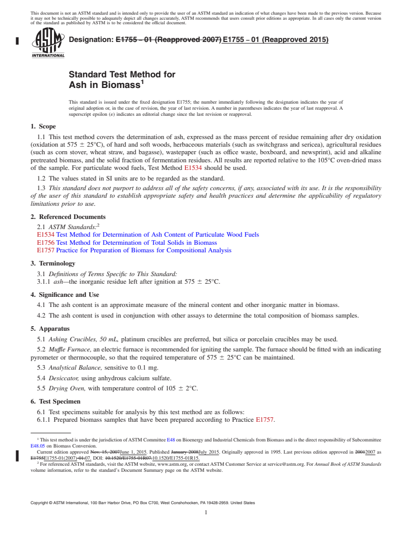 REDLINE ASTM E1755-01(2015) - Standard Test Method for  Ash in Biomass