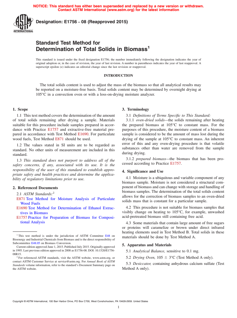 ASTM E1756-08(2015) - Standard Test Method for  Determination of Total Solids in Biomass